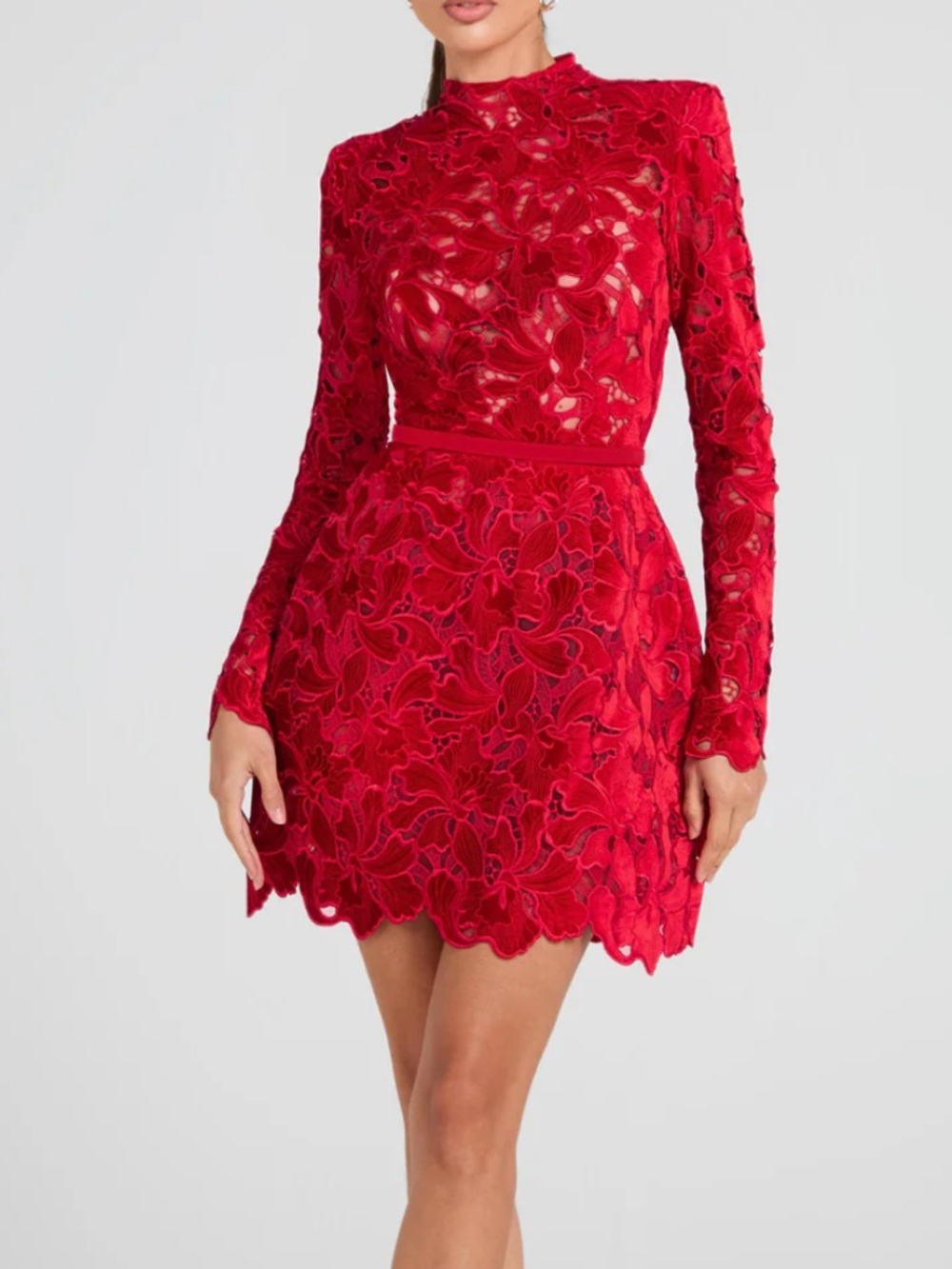 Red Lace Long-Sleeve Mini Dress Nadine Merabi
